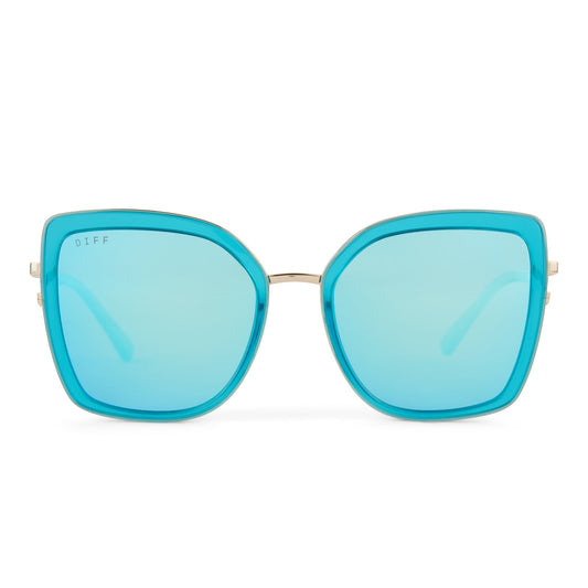 diff eyewear clarisse cat eye sunglasses with a turquoise ice crystal blue frame and gold metal legs and turquoise ice mirror lenses front view