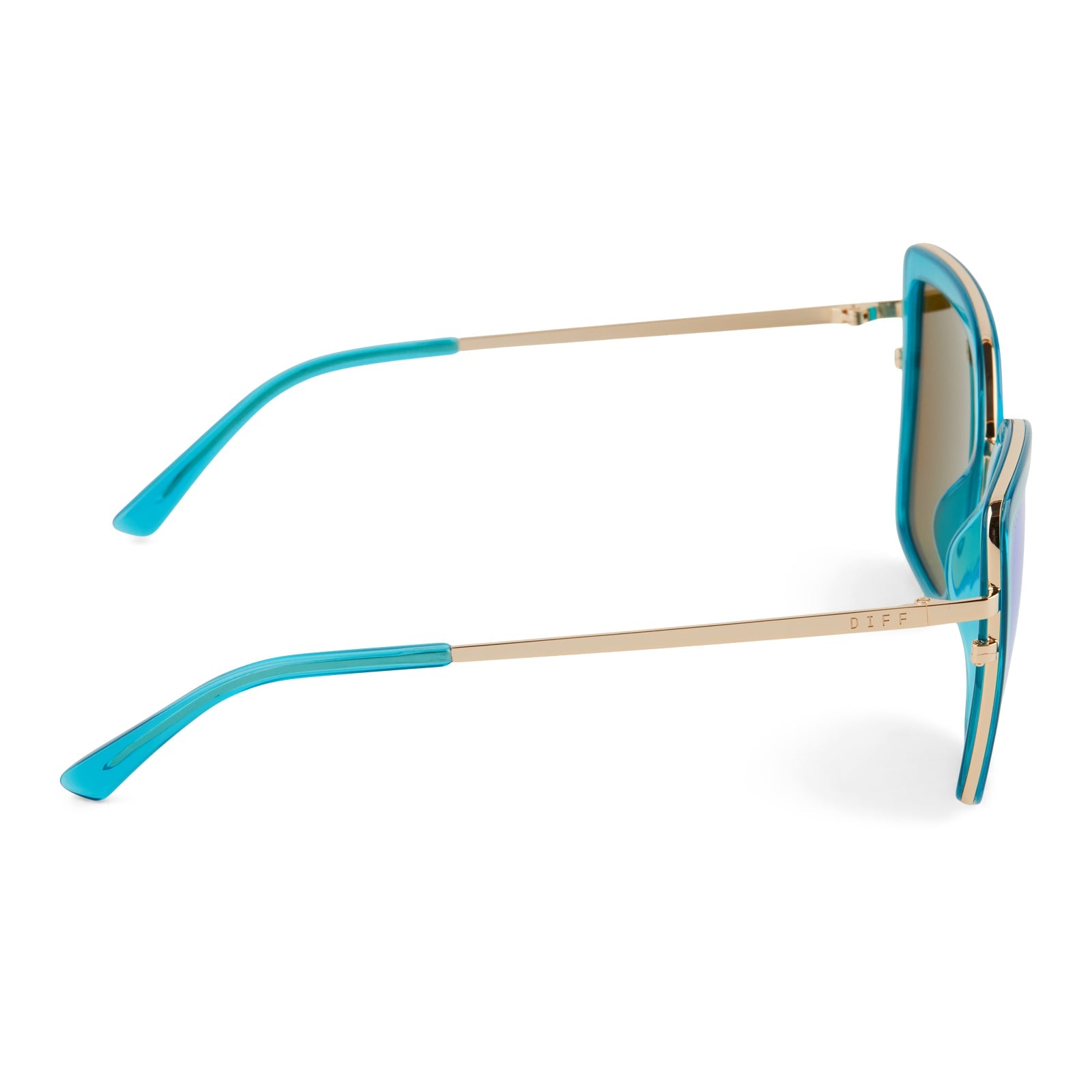 diff eyewear clarisse cat eye sunglasses with a turquoise ice crystal blue frame and gold metal legs and turquoise ice mirror lenses side view