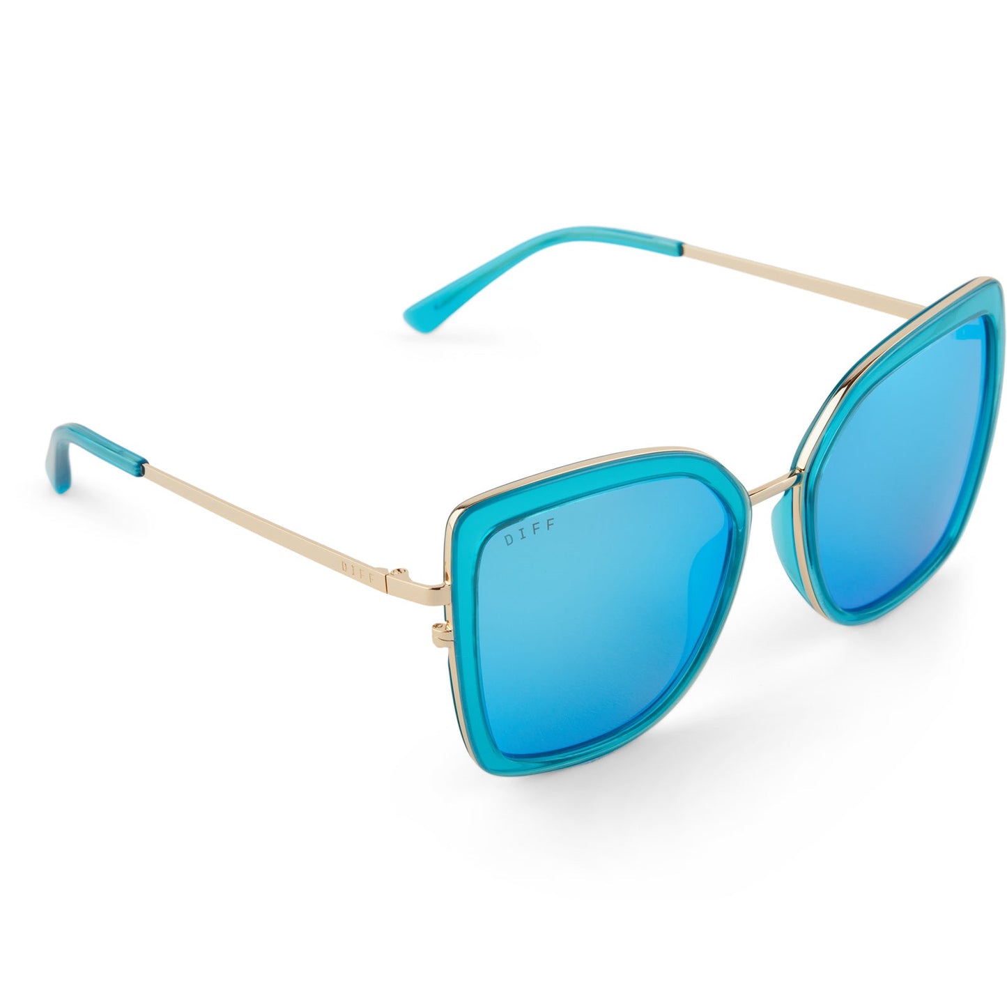 diff eyewear clarisse cat eye sunglasses with a turquoise ice crystal blue frame and gold metal legs and turquoise ice mirror lenses detailed view