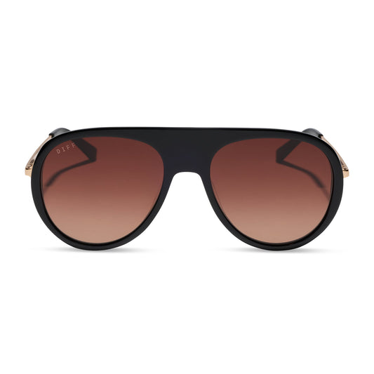 diff eyewear cleo oversized aviator sunglasses with a black frame, gold temples and brown gradient lenses front view