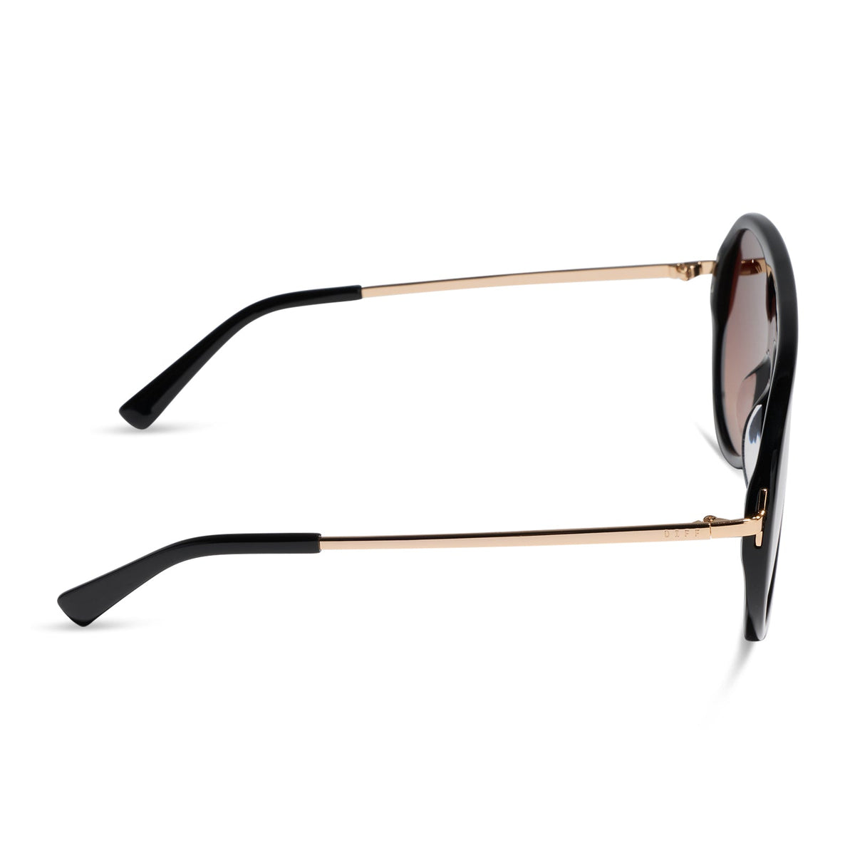 diff eyewear cleo oversized aviator sunglasses with a black frame, gold temples and brown gradient lenses side view