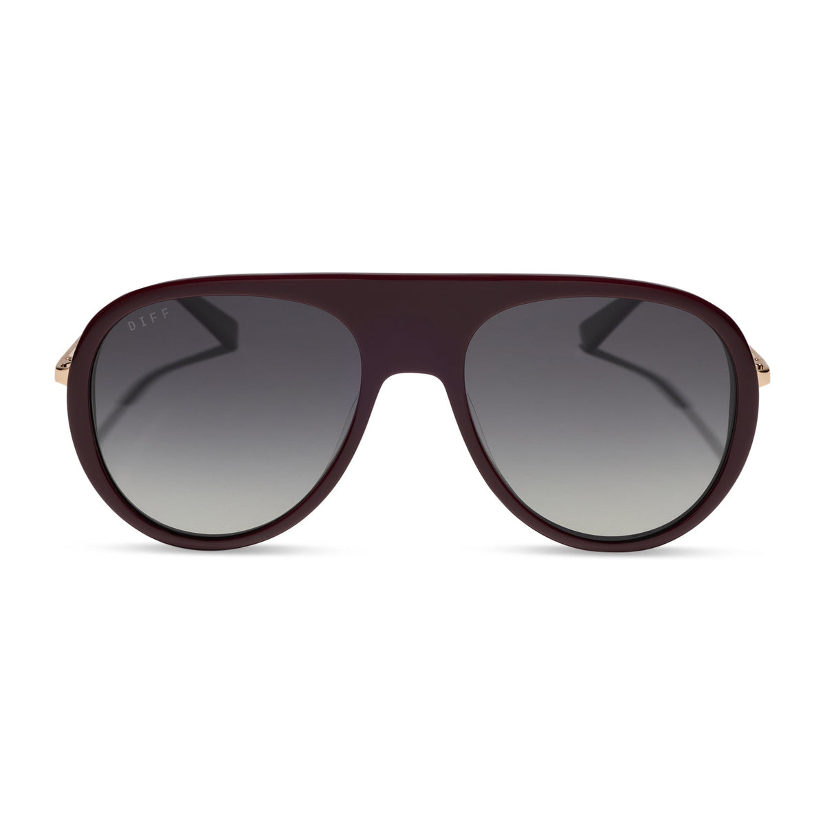 diff eyewear cleo oversized aviator sunglasses with a dark cherry lacquer red frame, gold temples and grey gradient polarized lenses front view