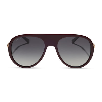 diff eyewear cleo oversized aviator sunglasses with a dark cherry lacquer red frame, gold temples and grey gradient polarized lenses front view