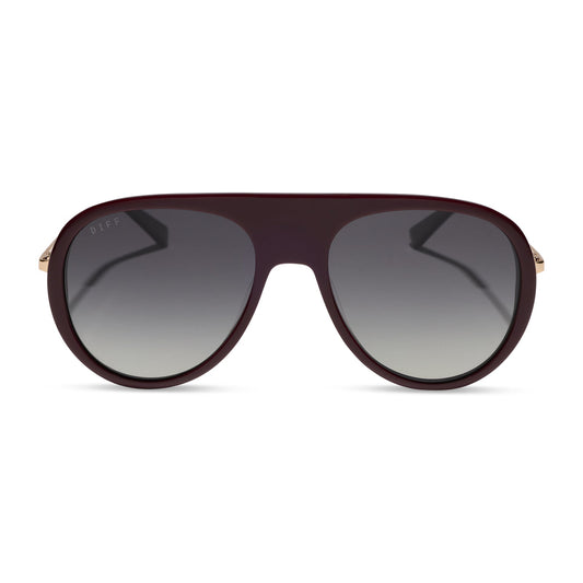 diff eyewear cleo oversized aviator sunglasses with a dark cherry lacquer red frame, gold temples and grey gradient polarized lenses front view