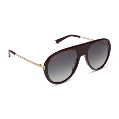 diff eyewear cleo oversized aviator sunglasses with a dark cherry lacquer red frame, gold temples and grey gradient polarized lenses angled view