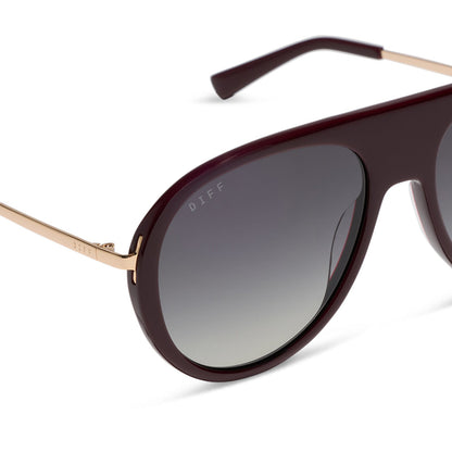 diff eyewear cleo oversized aviator sunglasses with a dark cherry lacquer red frame, gold temples and grey gradient polarized lenses detailed view