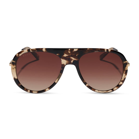 diff eyewear cleo oversized aviator sunglasses with a espresso tortoise acetate frame and brown gradient polarized lenses front view