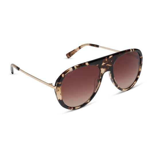 diff eyewear cleo oversized aviator sunglasses with a espresso tortoise acetate frame and brown gradient polarized lenses angled view