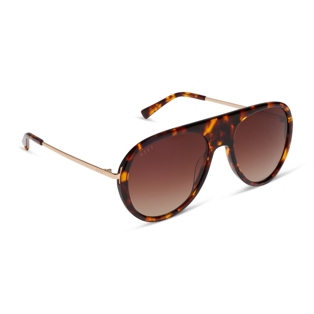 diff eyewear cleo oversized aviator sunglasses with a rich tortoise frame, gold temples and brown gradient polarized lenses angled view