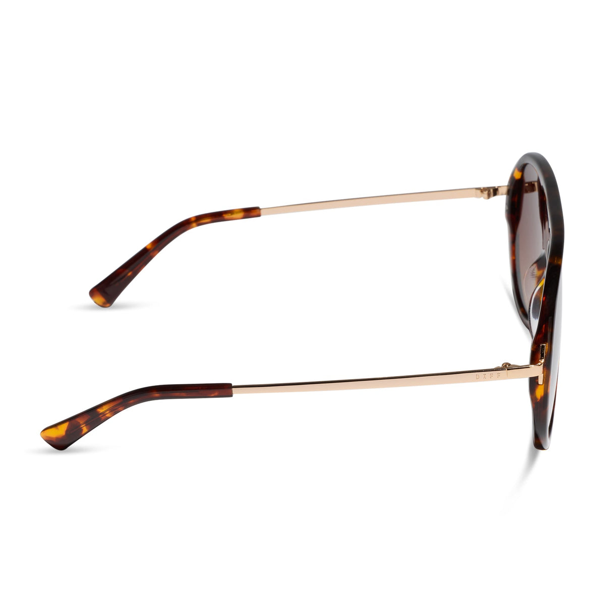 diff eyewear cleo oversized aviator sunglasses with a rich tortoise frame, gold temples and brown gradient polarized lenses side view