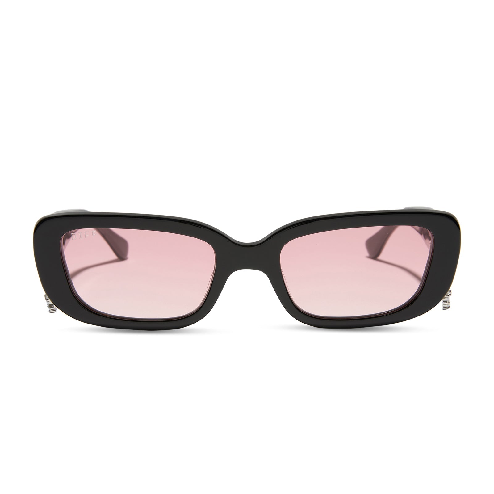 clueless x diff eyewear featuring the cher round sunglasses with a black frame and pink gradient lenses front view