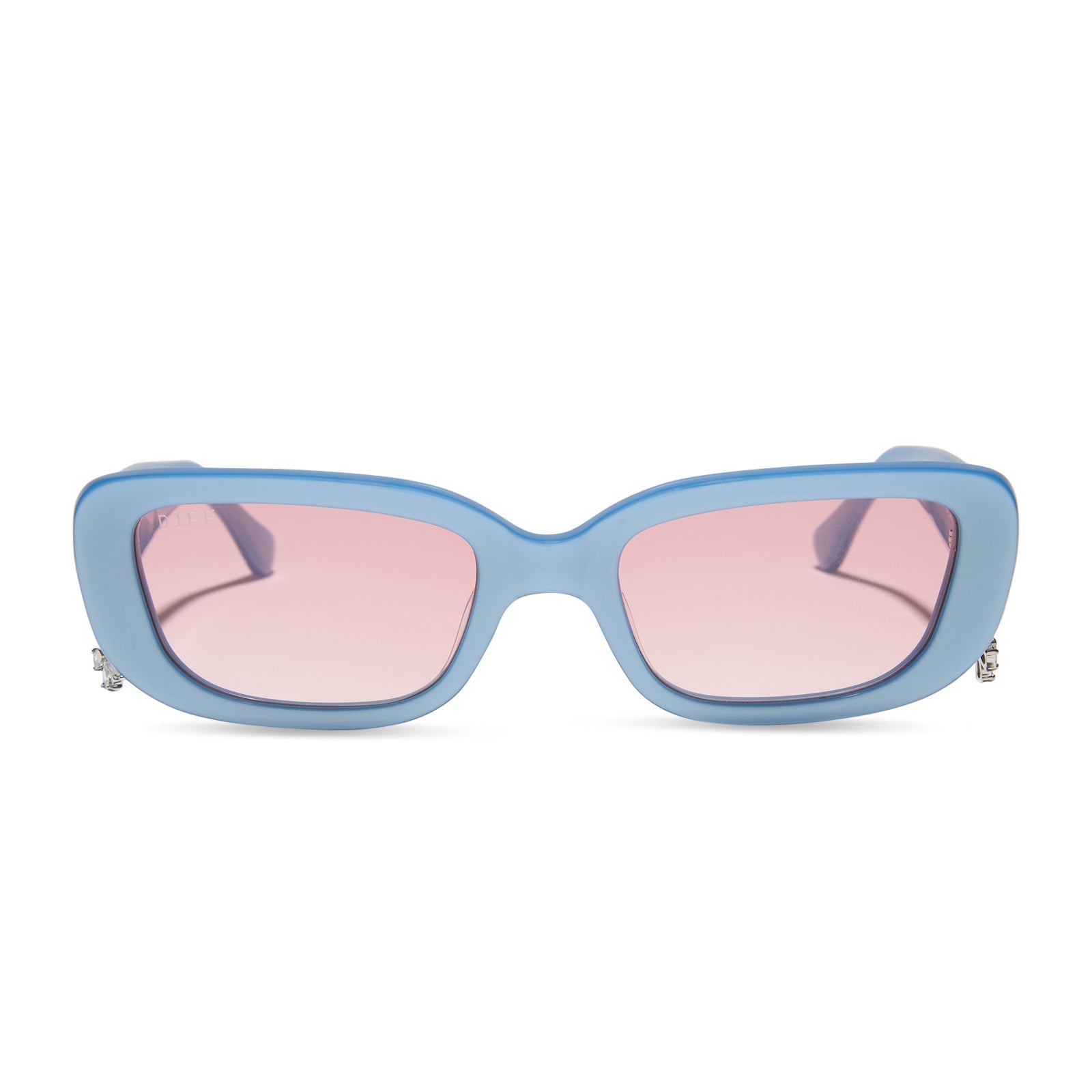 clueless x diff eyewear featuring the cher round sunglasses with a light blue frame and pink gradient lenses front view