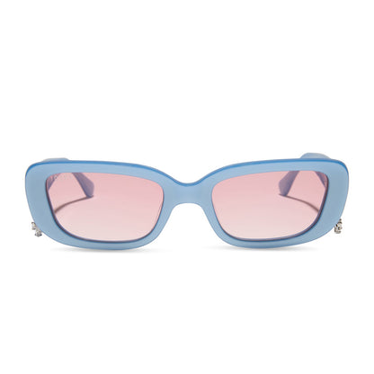 clueless x diff eyewear featuring the cher round sunglasses with a light blue frame and pink gradient lenses front view
