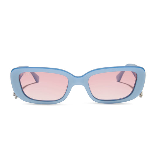 clueless x diff eyewear featuring the cher round sunglasses with a light blue frame and pink gradient lenses front view