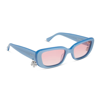 clueless x diff eyewear featuring the cher round sunglasses with a light blue frame and pink gradient lenses angled view
