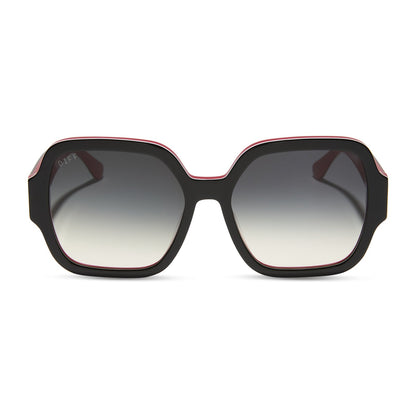 clueless x diff eyewear featuring the dionne square sunglasses with a black frame and grey gradient lenses front view