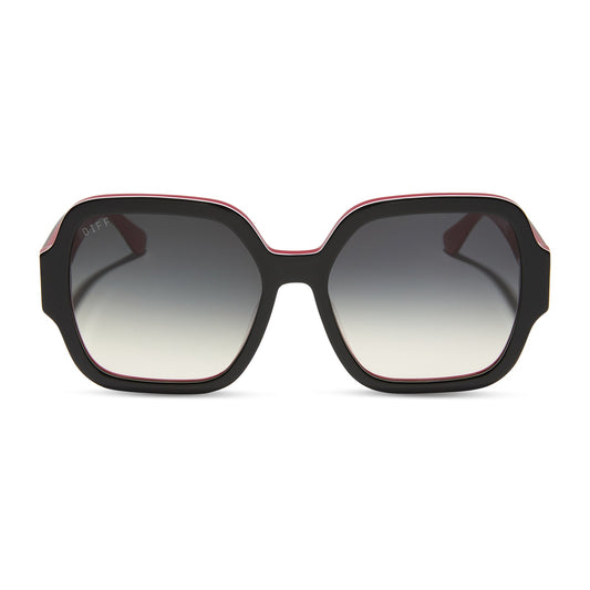 clueless x diff eyewear featuring the dionne square sunglasses with a black frame and grey gradient lenses front view