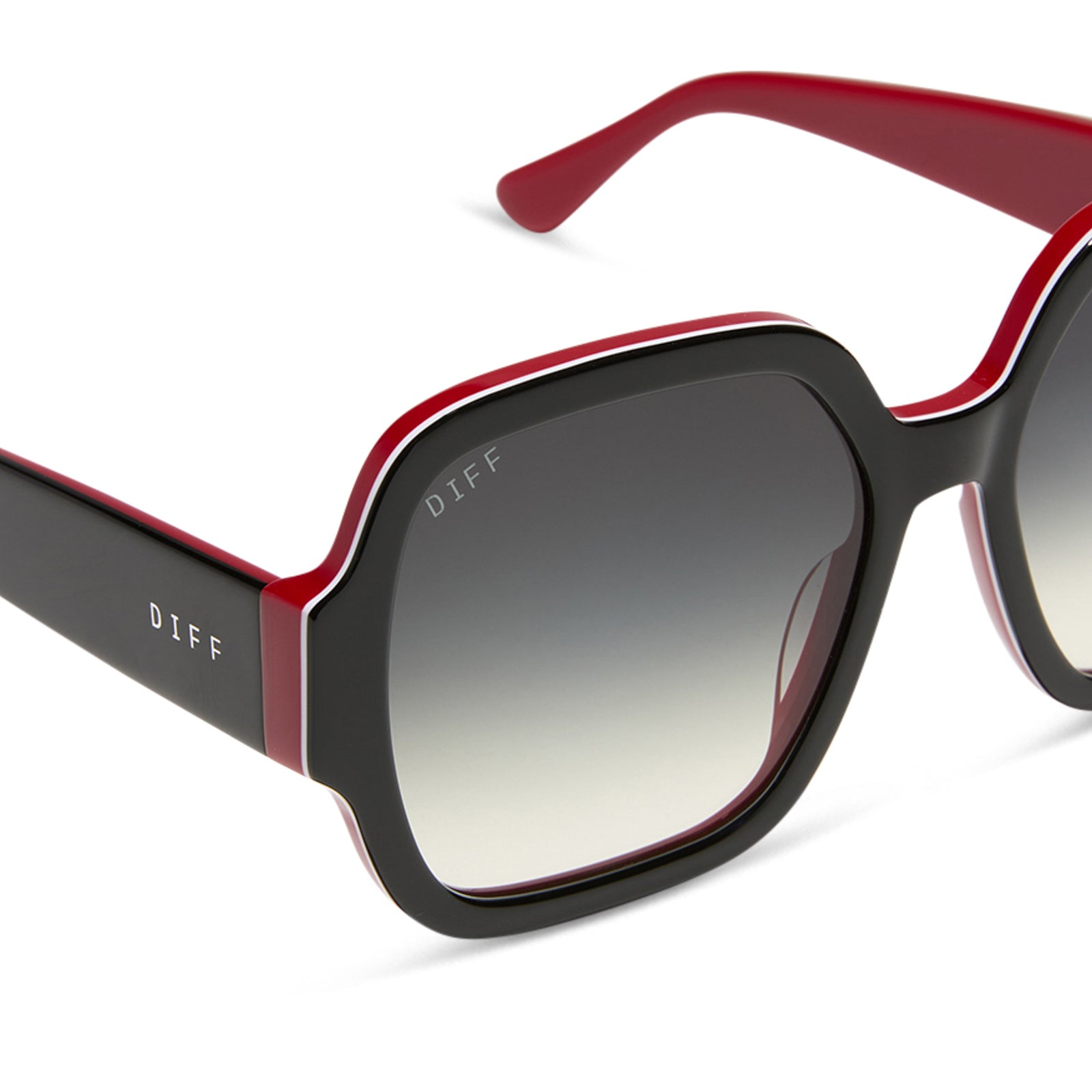 clueless x diff eyewear featuring the dionne square sunglasses with a black frame and grey gradient lenses detailed view