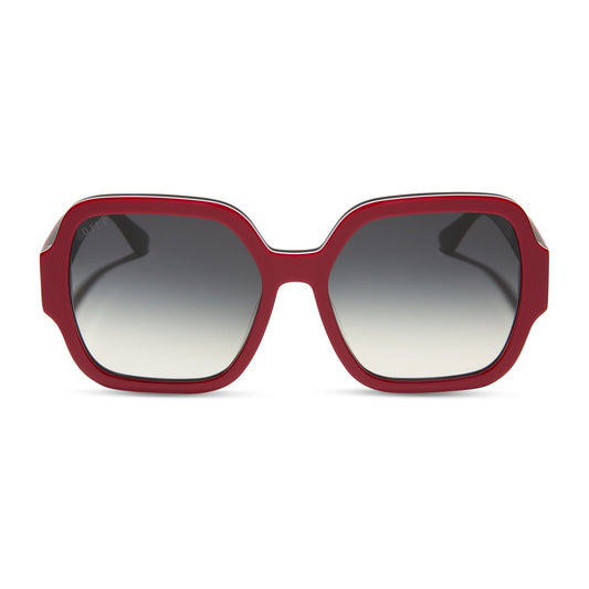 clueless x diff eyewear featuring the dionne square sunglasses with a red frame and grey gradient lenses front view