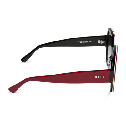 clueless x diff eyewear featuring the dionne square sunglasses with a red frame and grey gradient lenses side view