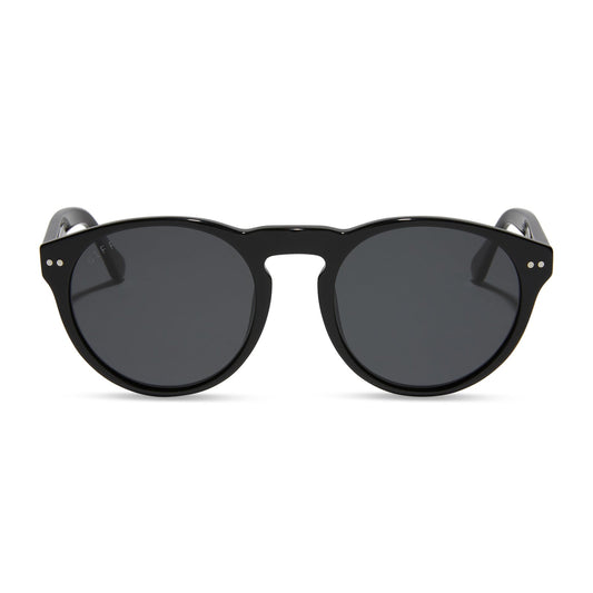 diff eyewear round cody xl with black frame and solid grey polarized lens sunglasses front view