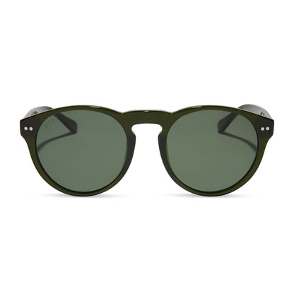 diff eyewear featuring the cody xl round sunglasses with a dark olive crystal frame and g15 polarized lenses front view