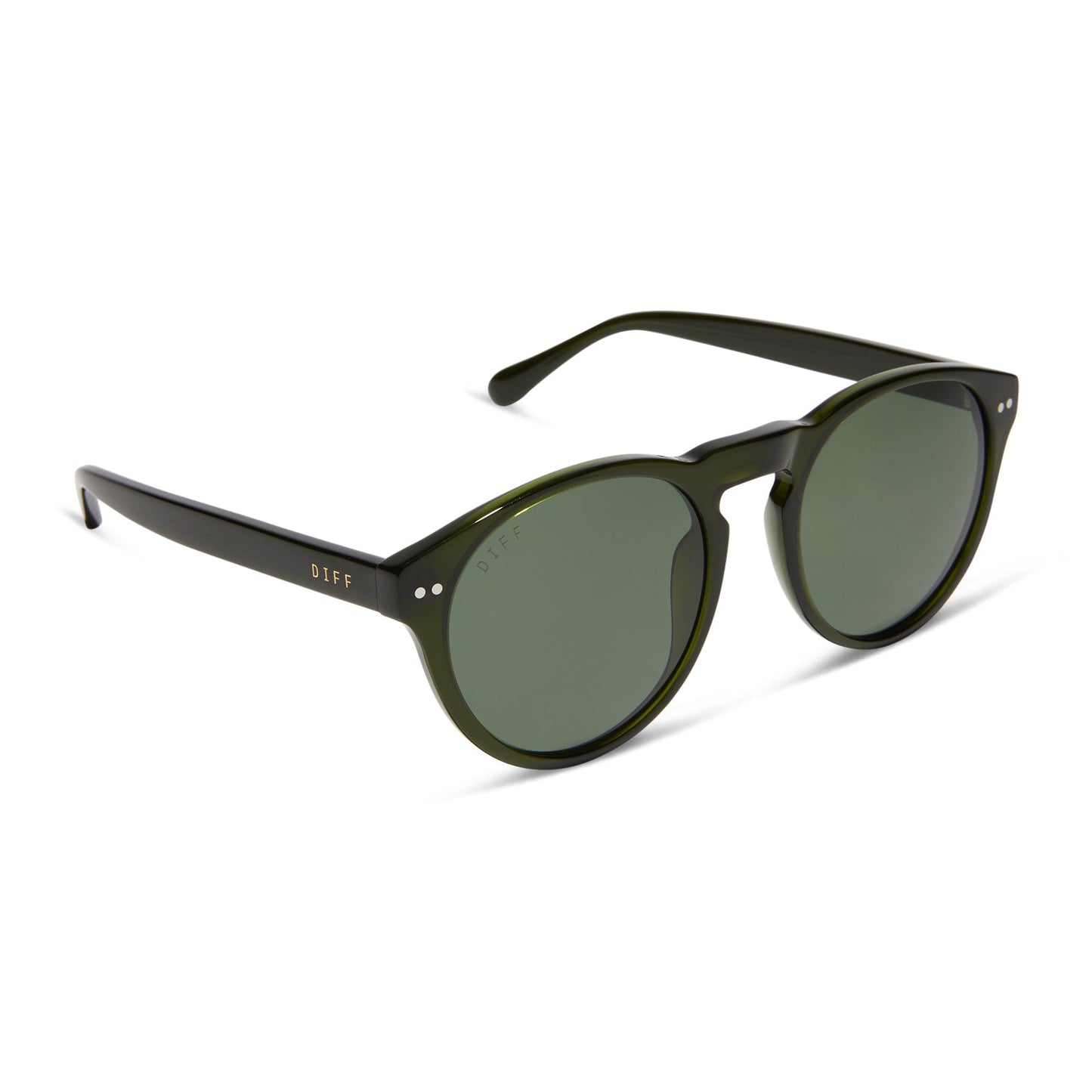 diff eyewear featuring the cody xl round sunglasses with a dark olive crystal frame and g15 polarized lenses angled view