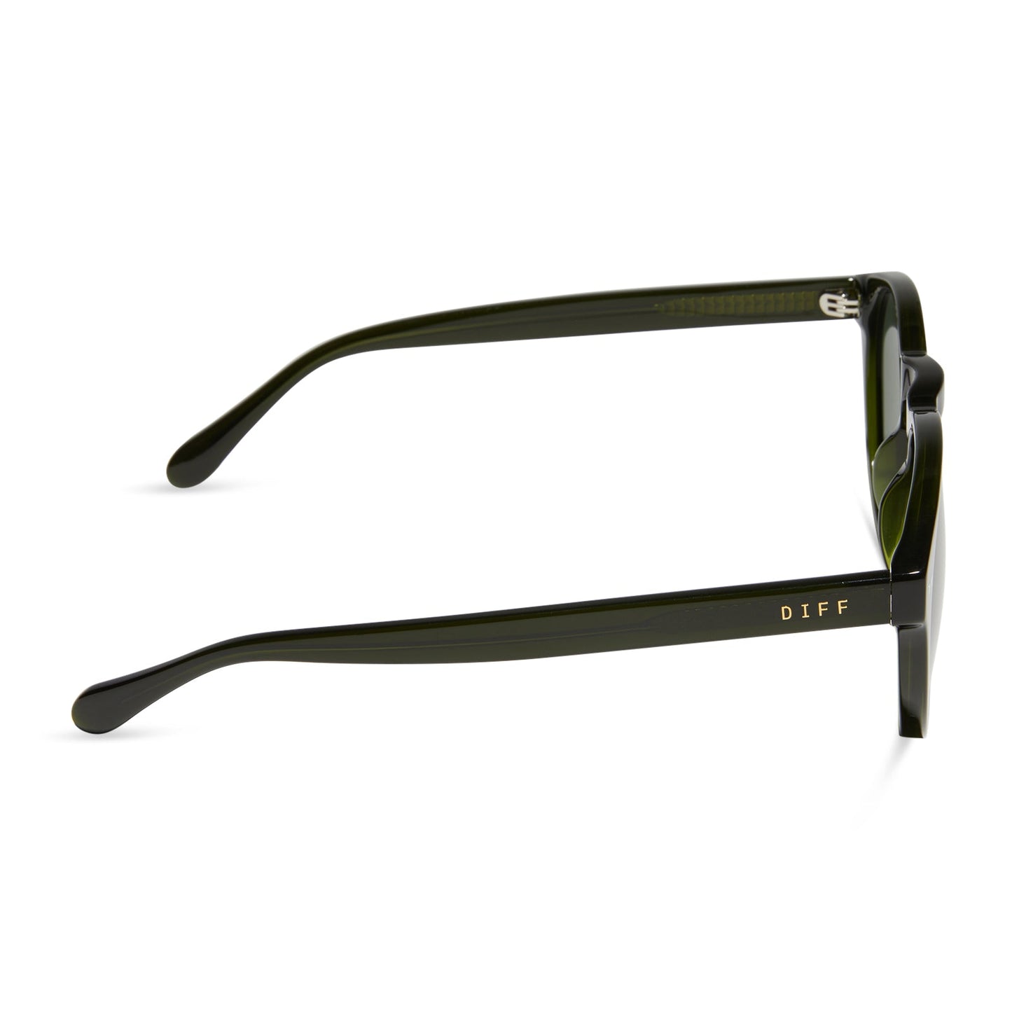 diff eyewear featuring the cody xl round sunglasses with a dark olive crystal frame and g15 polarized lenses side view