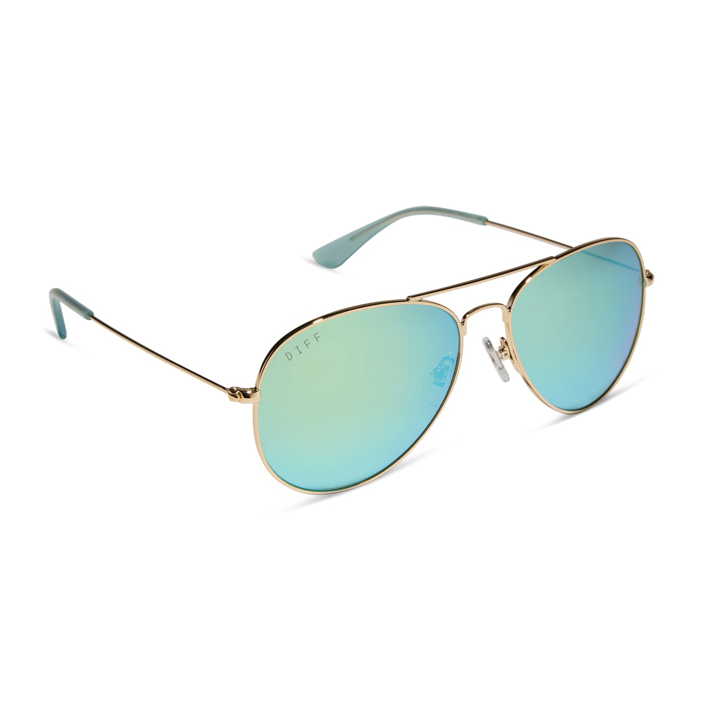 diff eyewear wholesale cruz aviator sunglasses with a gold frame and aquatic awe teal lenses angled view