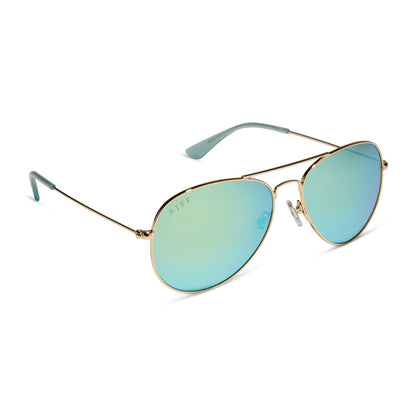diff eyewear wholesale cruz aviator sunglasses with a gold frame and aquatic awe teal lenses angled view
