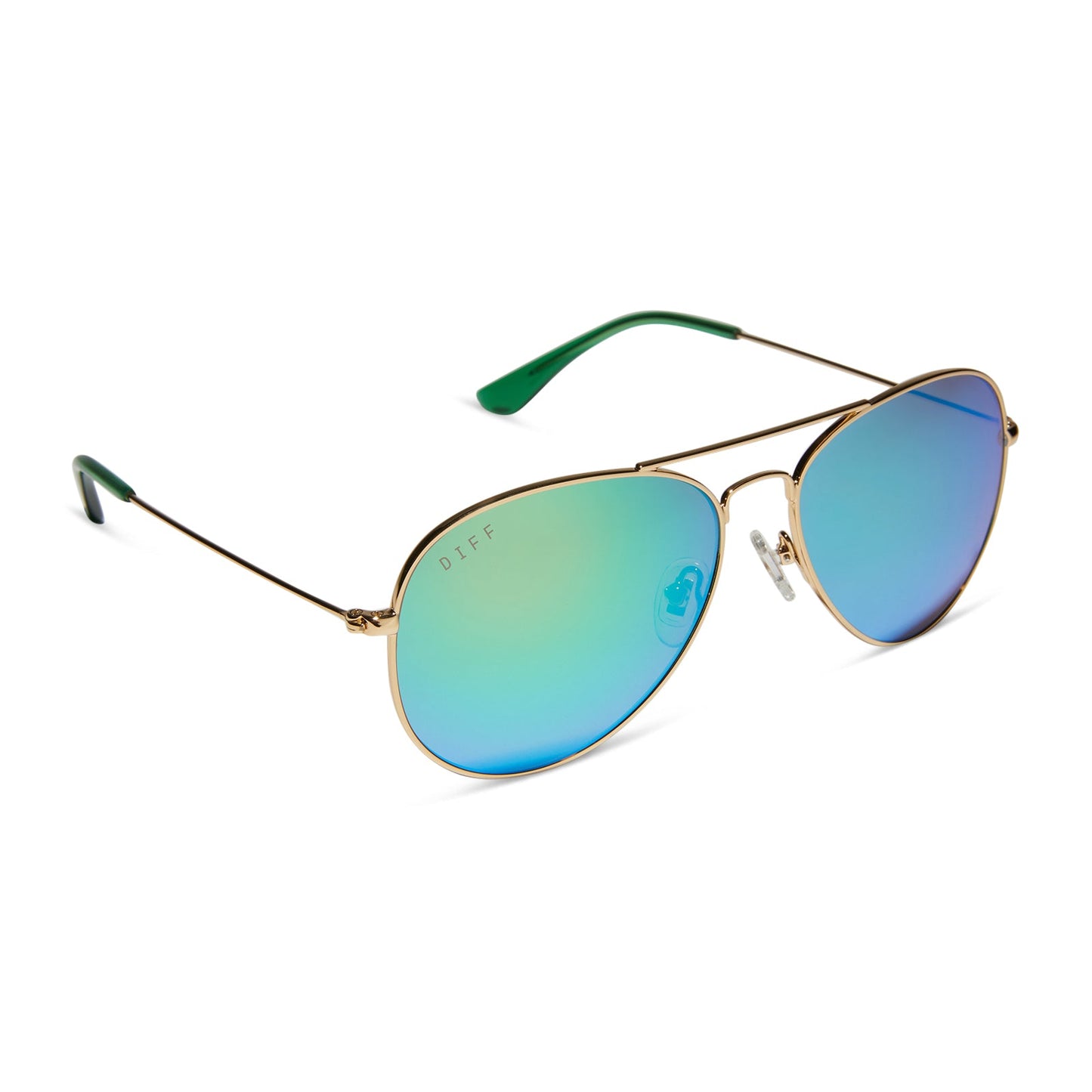 diff eyewear cruz aviator sunglasses with a gold metal frame and green mirror polarized lenses angled view