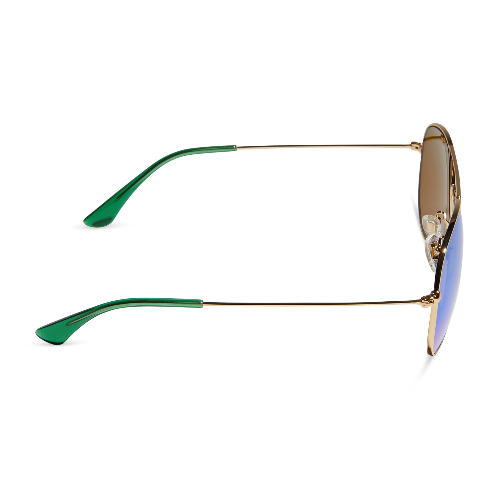 diff eyewear cruz aviator sunglasses with a gold metal frame and green mirror polarized lenses side view