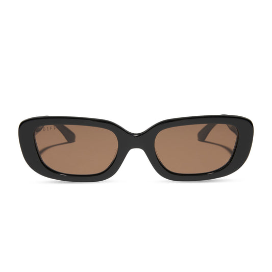 diff eyewear featuring the daphne rectangle sunglasses with a black with silver metal frame and brown lenses front view