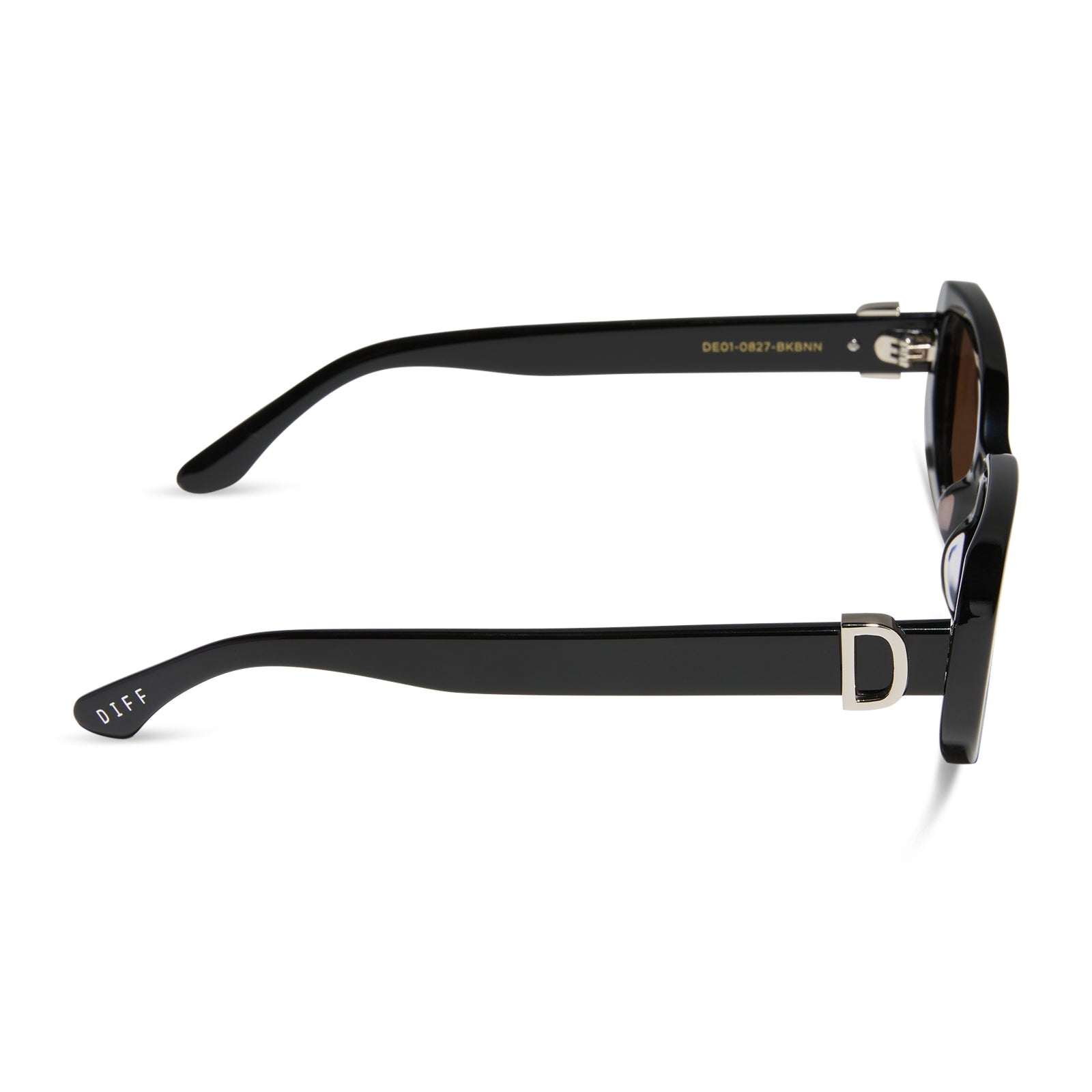diff eyewear featuring the daphne rectangle sunglasses with a black with silver metal frame and brown lenses side view