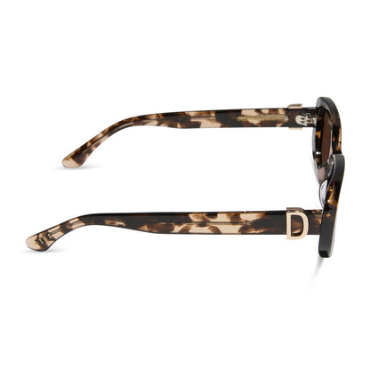 diff eyewear featuring the daphne rectangle sunglasses with a espresso tortoise + metal frame and brown polarized lenses side view
