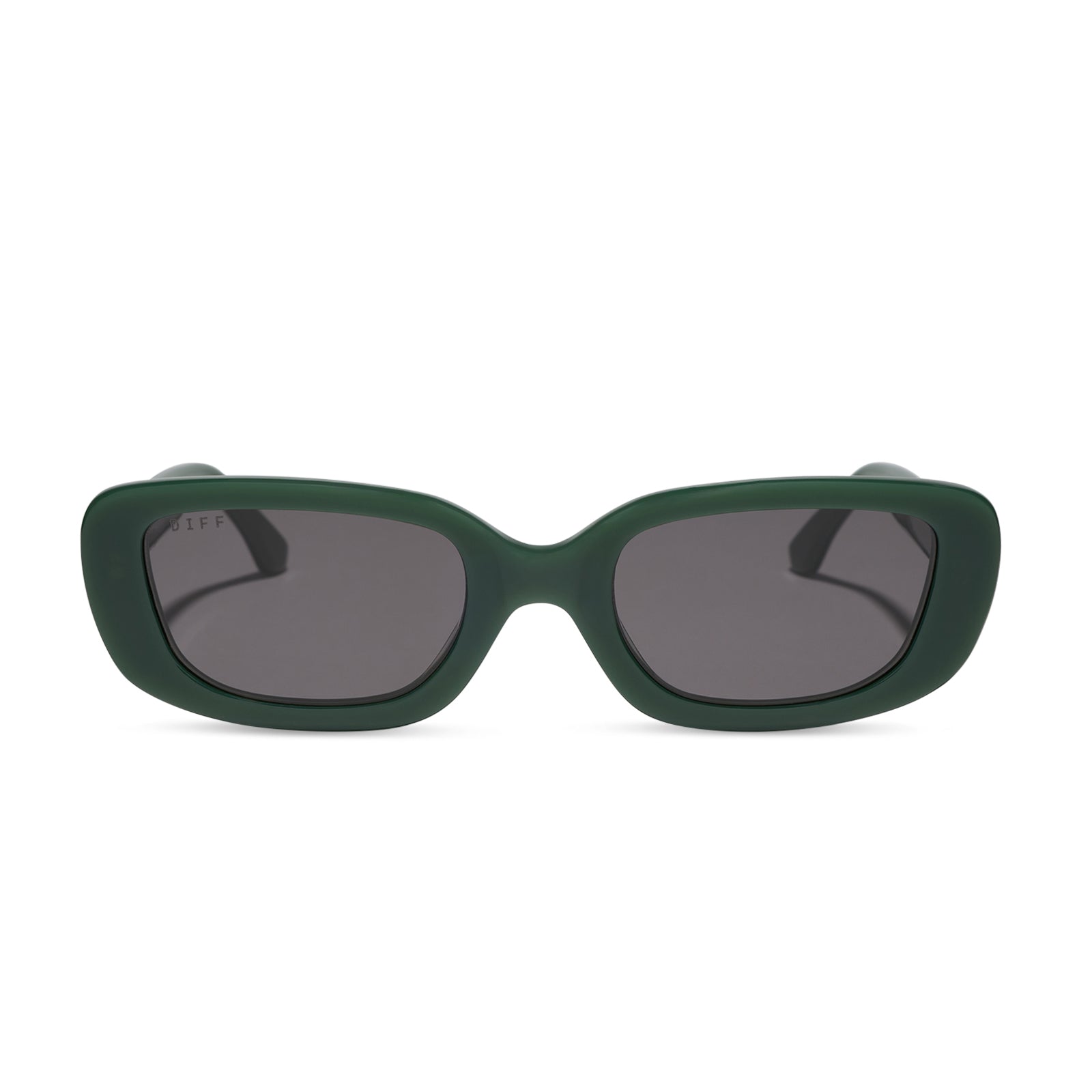 diff eyewear featuring the daphne rectangle sunglasses with a fairway green acetate frame and grey lenses front view