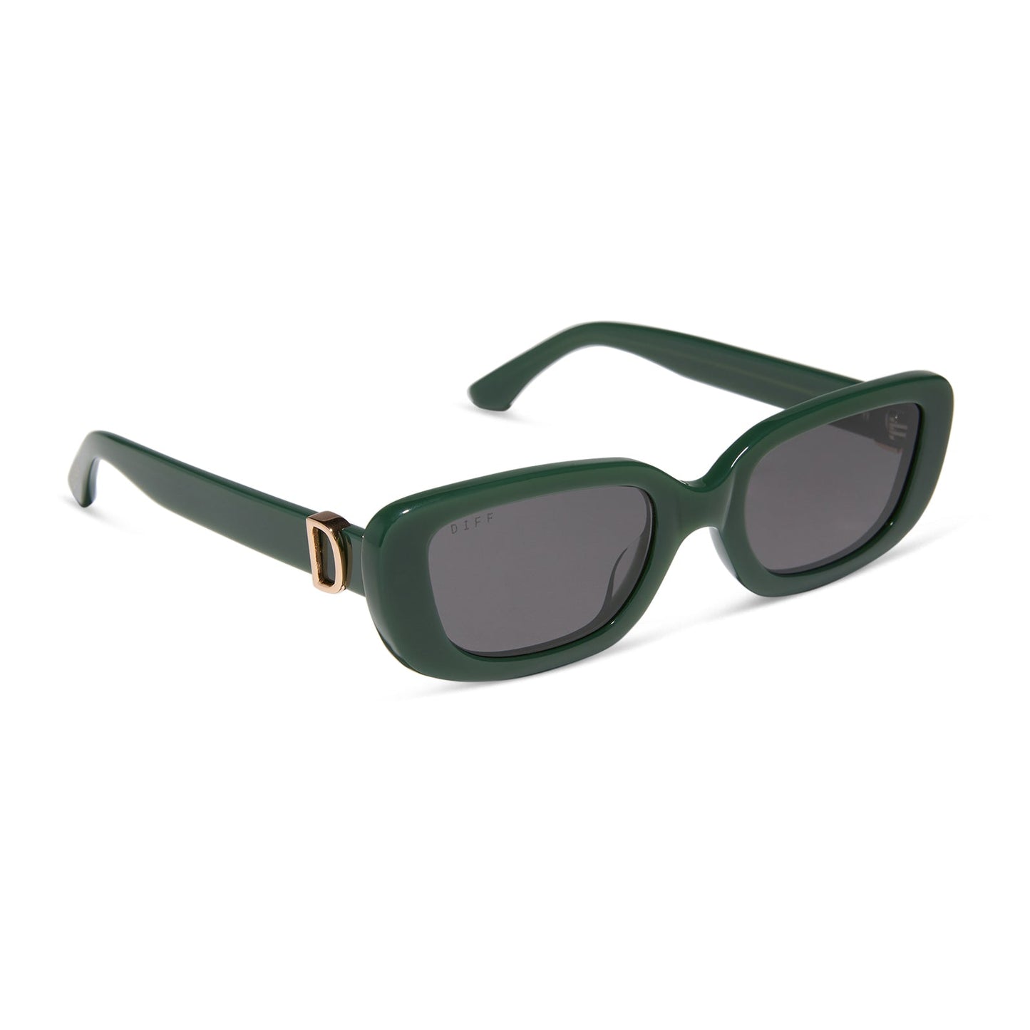 diff eyewear featuring the daphne rectangle sunglasses with a fairway green acetate frame and grey lenses angled view