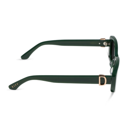 diff eyewear featuring the daphne rectangle sunglasses with a fairway green acetate frame and grey lenses side view