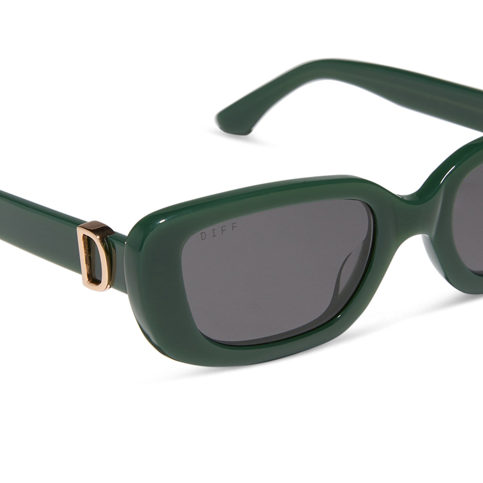 diff eyewear featuring the daphne rectangle sunglasses with a fairway green acetate frame and grey lenses detailed view