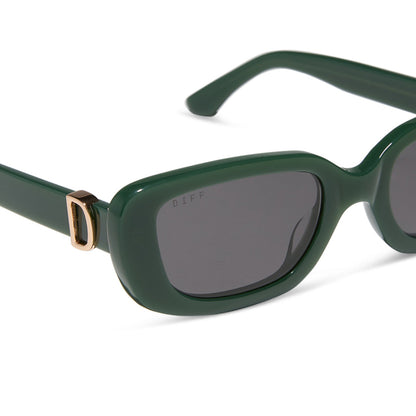 diff eyewear featuring the daphne rectangle sunglasses with a fairway green acetate frame and grey lenses detailed view