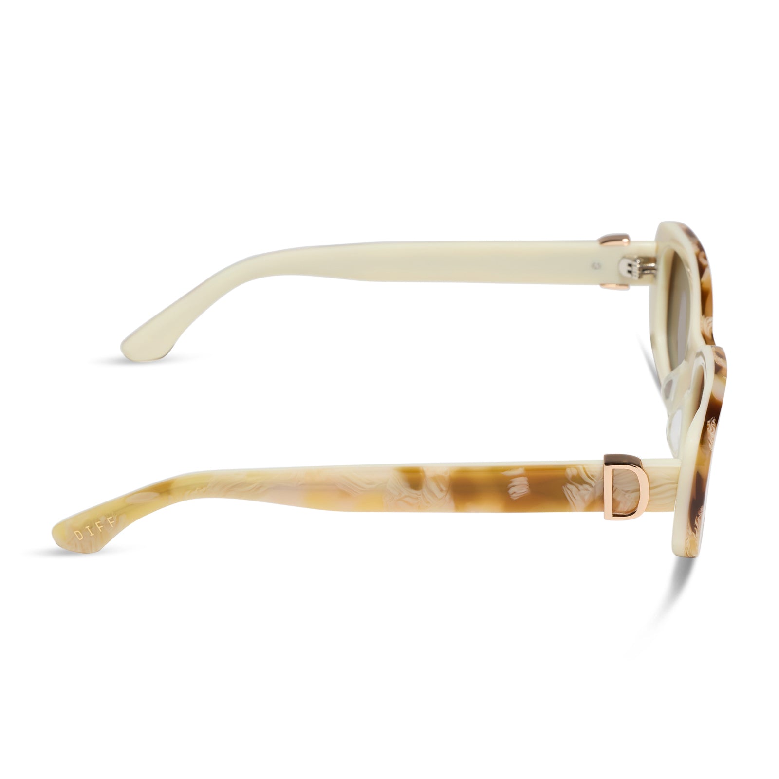 diff eyewear featuring the daphne rectangle sunglasses with a gilded tortoise outside and courtside ivory white inside acetate frame and brown polarized lenses side view