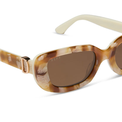 diff eyewear featuring the daphne rectangle sunglasses with a gilded tortoise outside and courtside ivory white inside acetate frame and brown polarized lenses detailed view