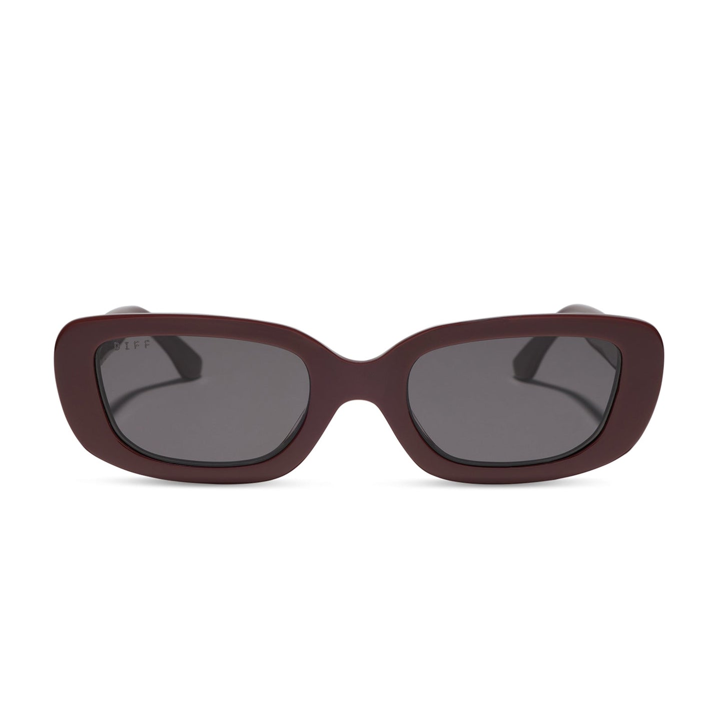 diff eyewear featuring the daphne rectangle sunglasses with a rugby red acetate frame and grey polarized lenses front view