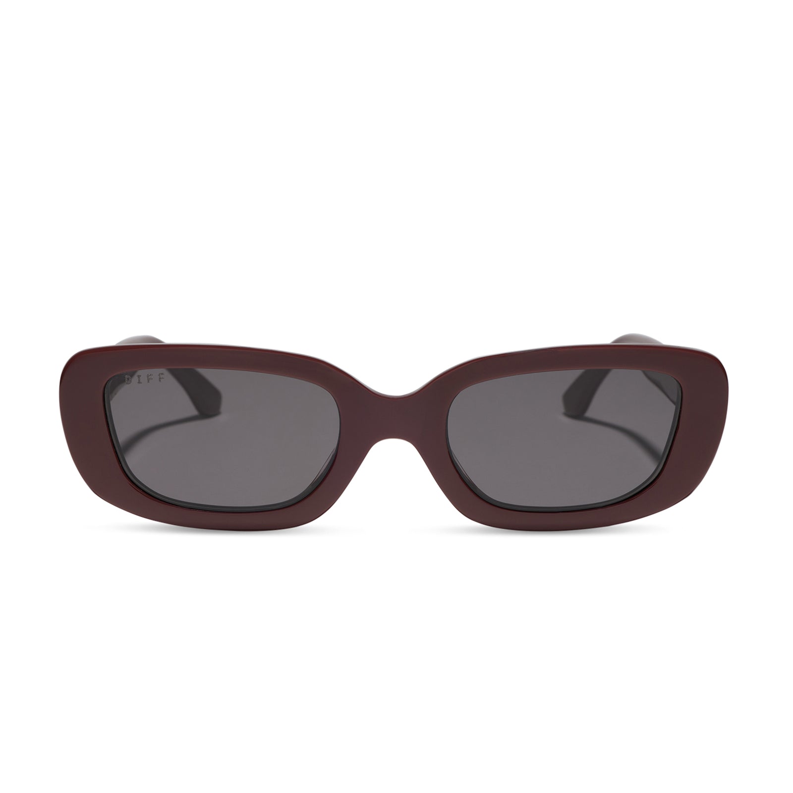 diff eyewear featuring the daphne rectangle sunglasses with a rugby red acetate frame and grey polarized lenses front view