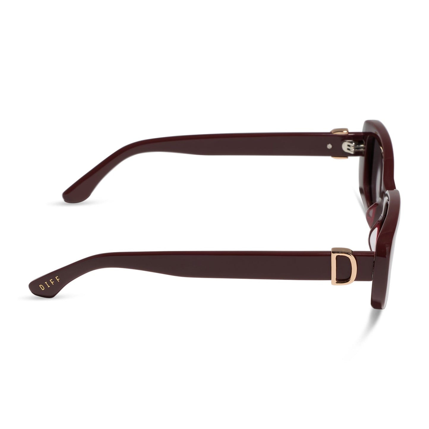 diff eyewear featuring the daphne rectangle sunglasses with a rugby red acetate frame and grey polarized lenses side view