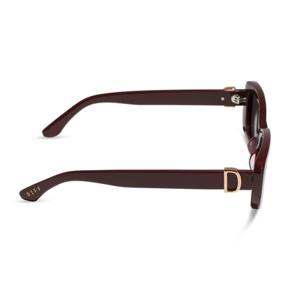 diff eyewear featuring the daphne rectangle sunglasses with a rugby red acetate frame and grey polarized lenses side view