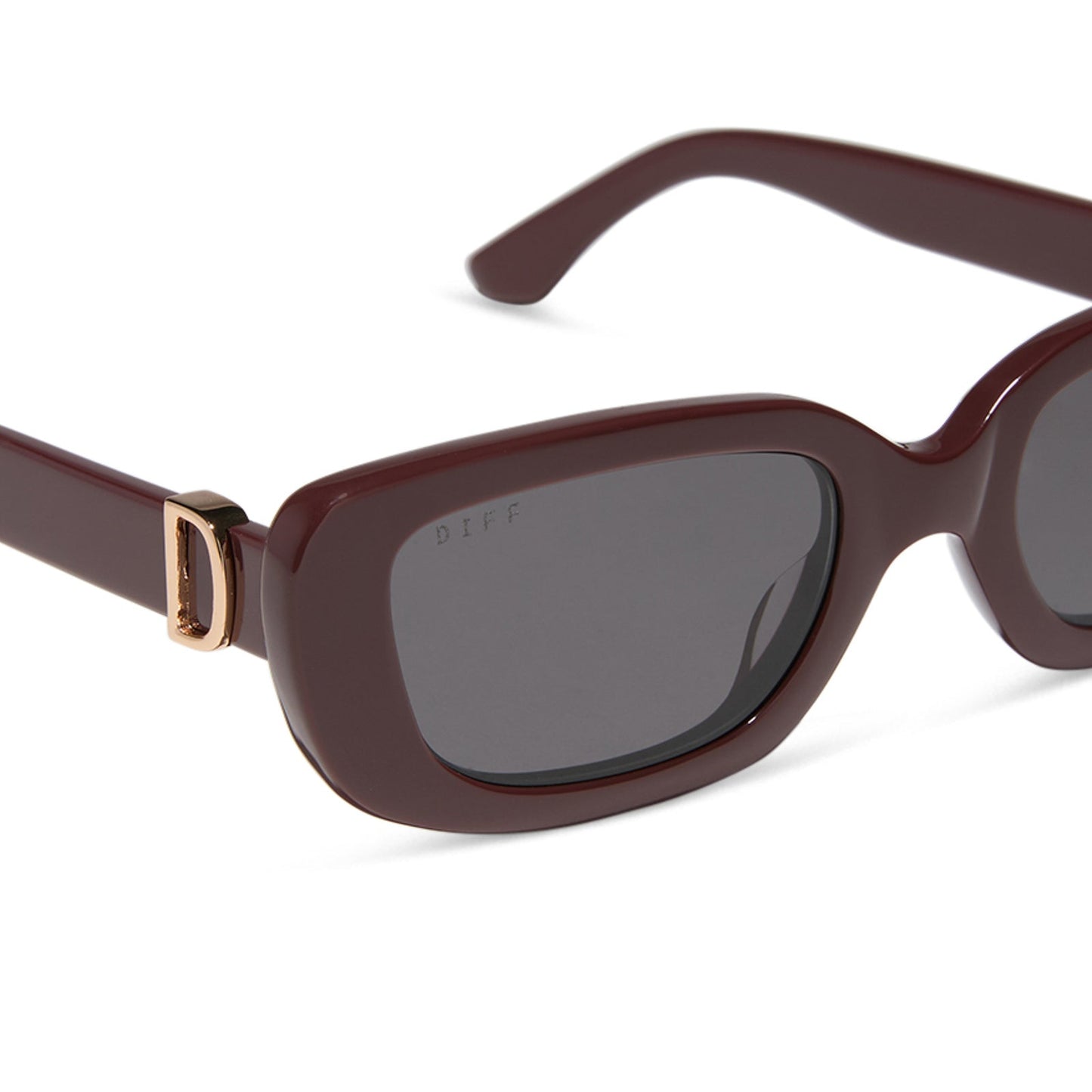 diff eyewear featuring the daphne rectangle sunglasses with a rugby red acetate frame and grey polarized lenses detailed view