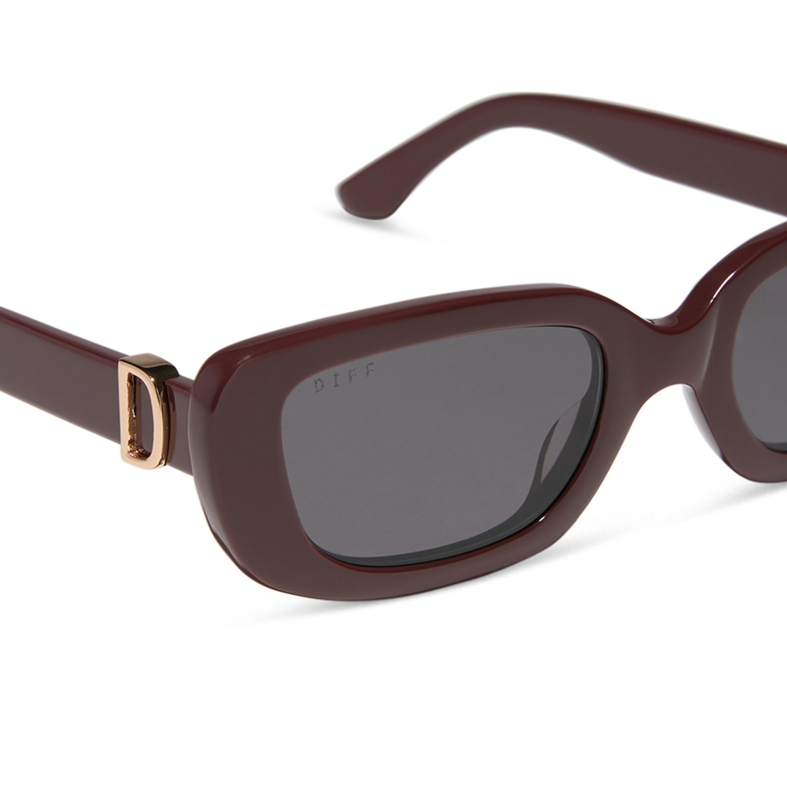 diff eyewear featuring the daphne rectangle sunglasses with a rugby red acetate frame and grey polarized lenses detailed view