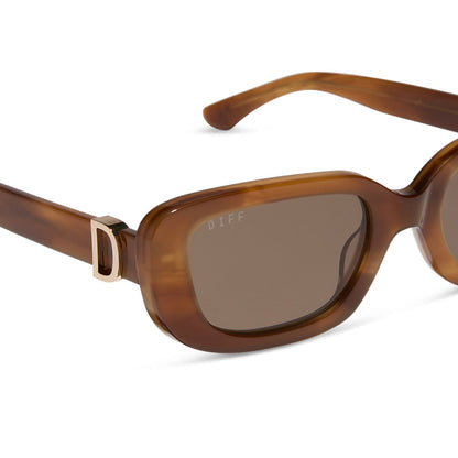 diff eyewear featuring the daphne rectangle sunglasses with a tawny brown tortoise frame and brown polarized lenses detailed view