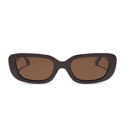 diff eyewear featuring the daphne rectangle sunglasses with a truffle frame and truffle polarized lenses front view